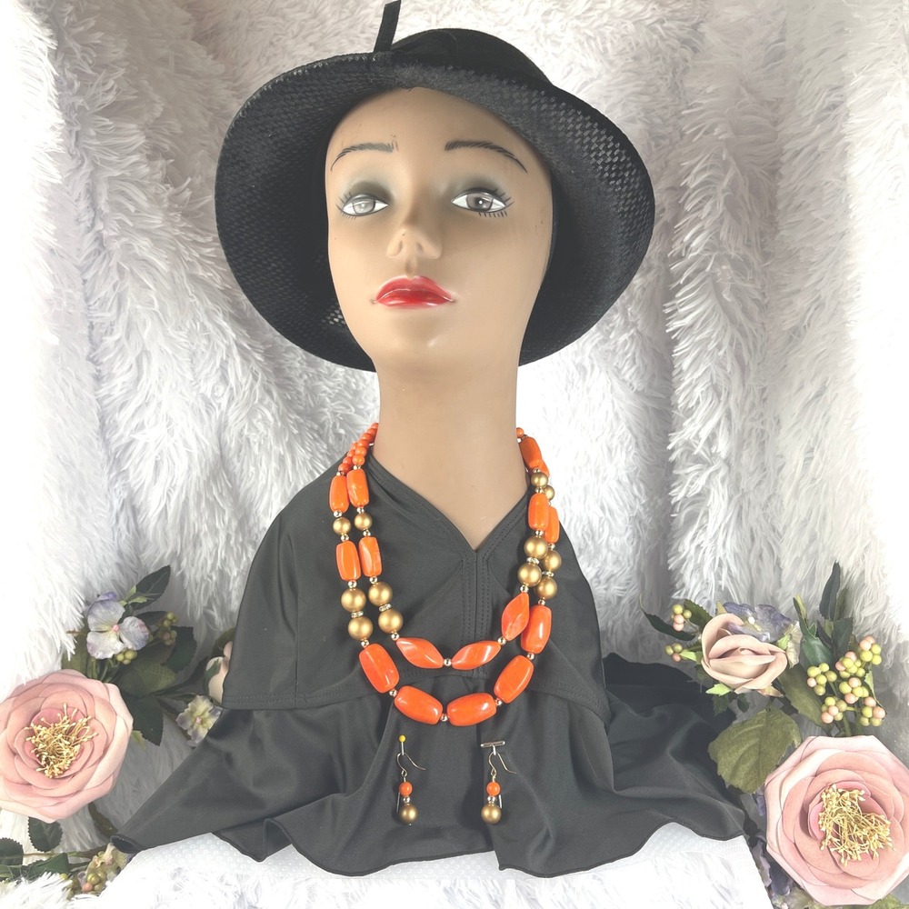 Unbranded Necklace Earring Set Women OS Orange Gold Resin Chunky Beads Statement